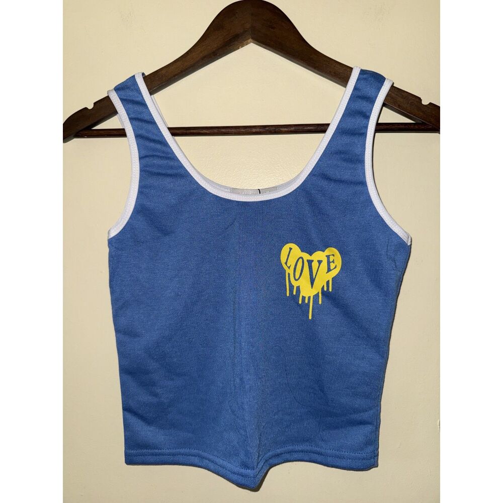 NWT AQ-SPORT Blue Ringer Crop Tank Top Yellow Dripping Heart Love Graphic Medium